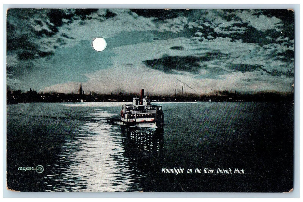 c1905 Moonlight On River Building Passenger Ship Detroit Michigan MI Postcard