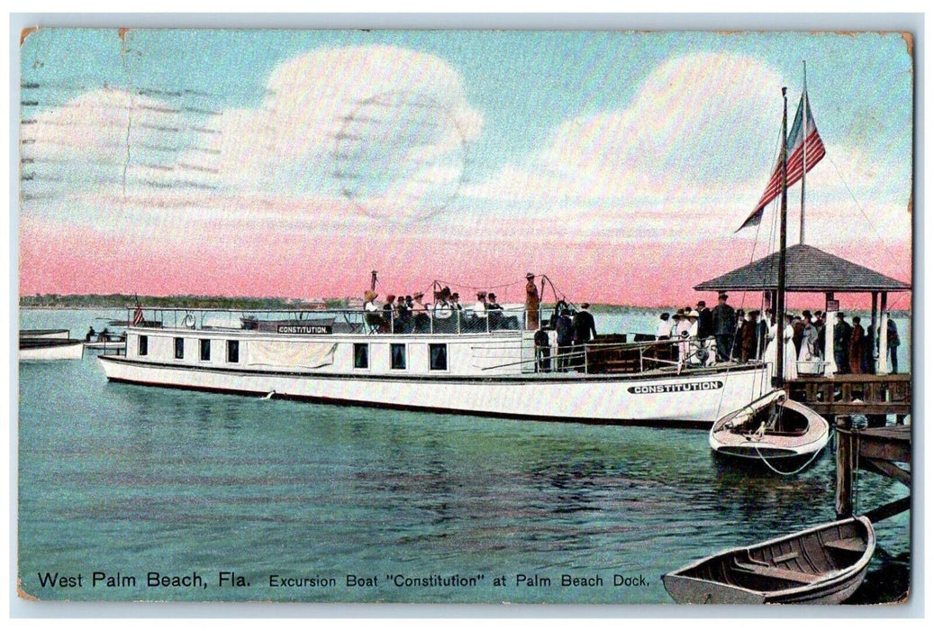 1914 West Palm Beach FL, Excursion Boat Constitution At Palm Beach Dock Postcard
