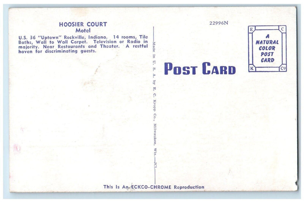 View Of Hoosier Court Motel Uptown Roadside Rockville Indiana IN Postcard