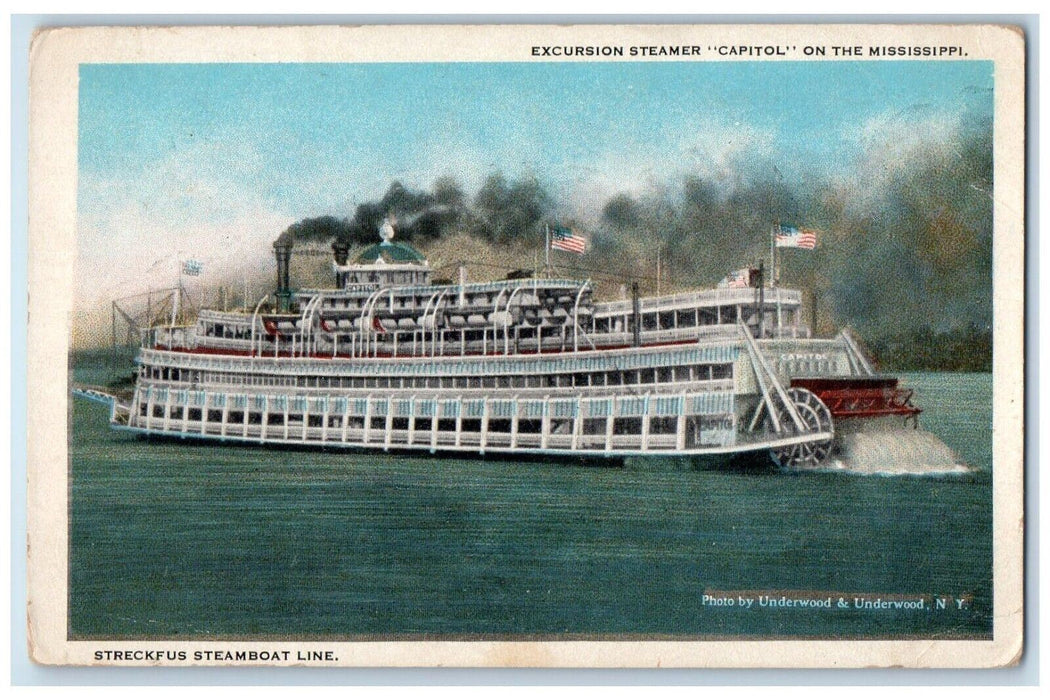 c1930's Excursion Steamer Capitol On Mississippi, Steamboat At Line Postcard