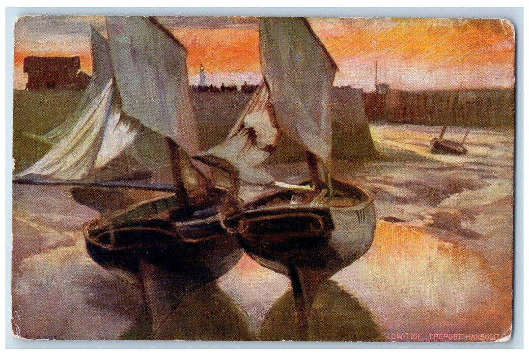 c1910 Low-Tide Treport Harbour Sailship Antique Oilette Tuck Art Postcard