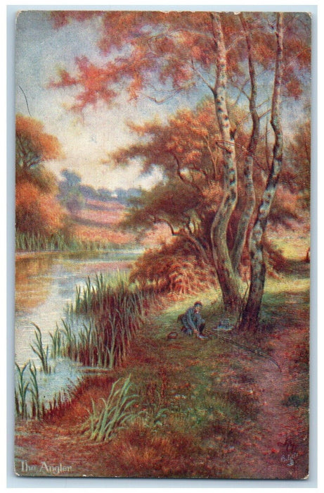 c1910 The Angler Fishing Rod River Tree Happy England Oilette Tuck Art Postcard