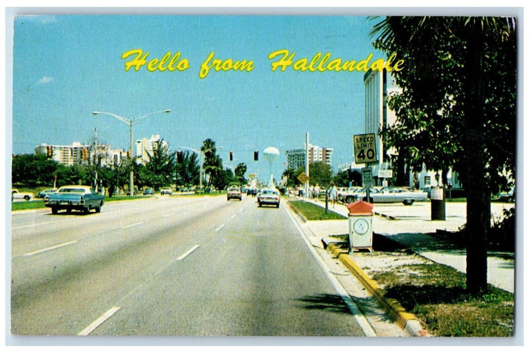 1983 Hello From Hallandale, Hallandale Beach Boulevard Cars Florida FL Postcard