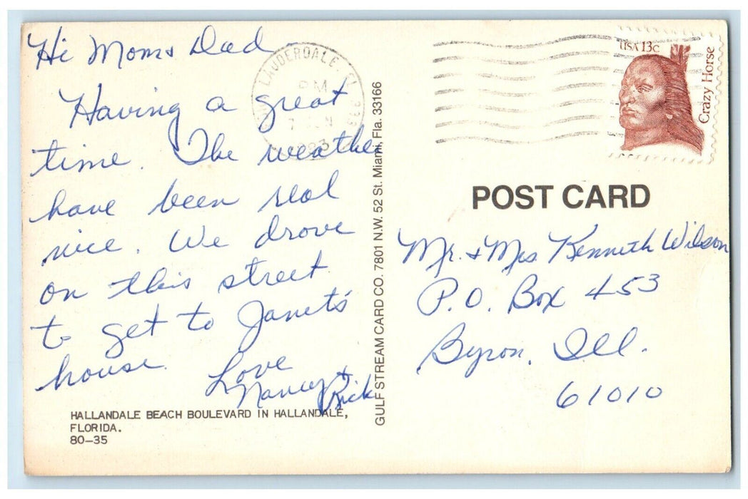 1983 Hello From Hallandale, Hallandale Beach Boulevard Cars Florida FL Postcard
