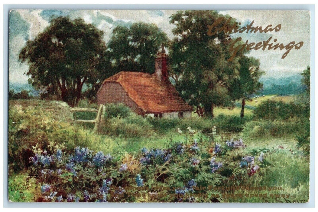 c1910 Trees Flowers House View Christmas Greetings Oilette Tuck Art Postcard