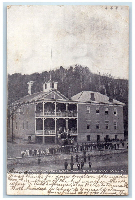 1907 Public High School Cassville Wisconsin WI Prairie Duchien WI Postcard