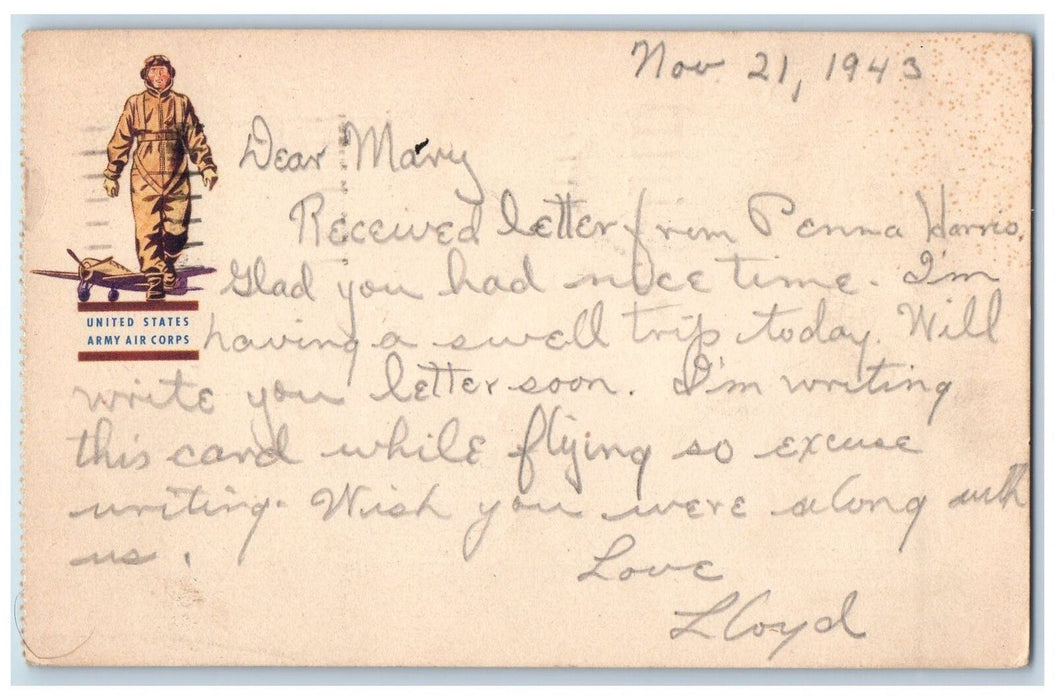 1943 World War 2 Sergeant Soldier Mail Pilot Plane Atlanta Georgia GA Postcard