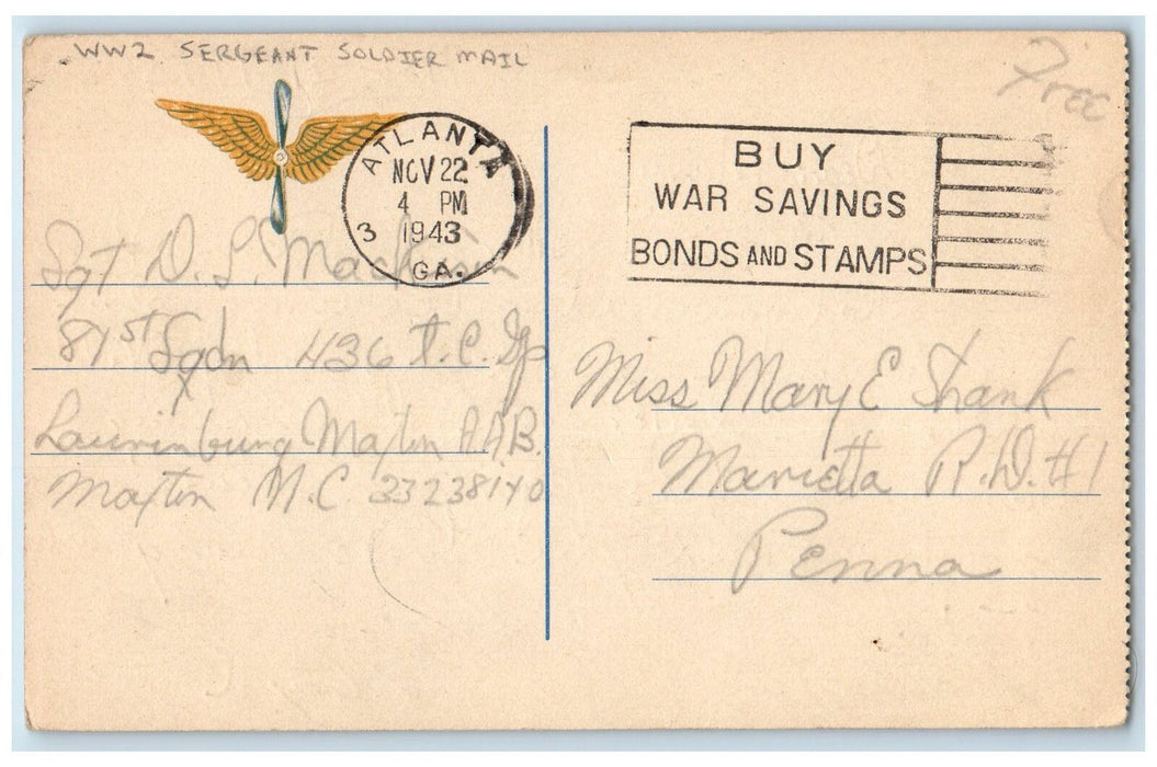 1943 World War 2 Sergeant Soldier Mail Pilot Plane Atlanta Georgia GA Postcard
