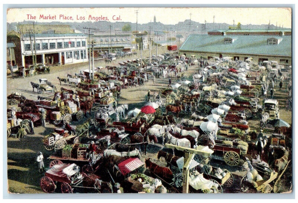 c1910 Market Place Horse Carriage Exterior Road Los Angeles California Postcard