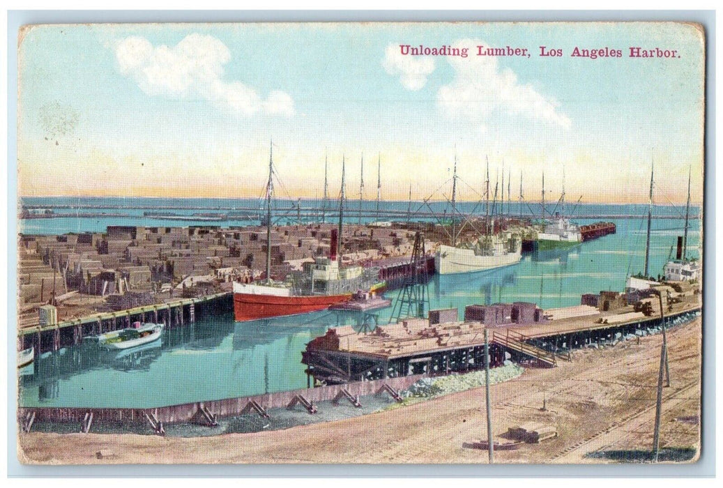 c1910 Unloading Lumber Steamer Shipyard Los Angeles Harbor California Postcard