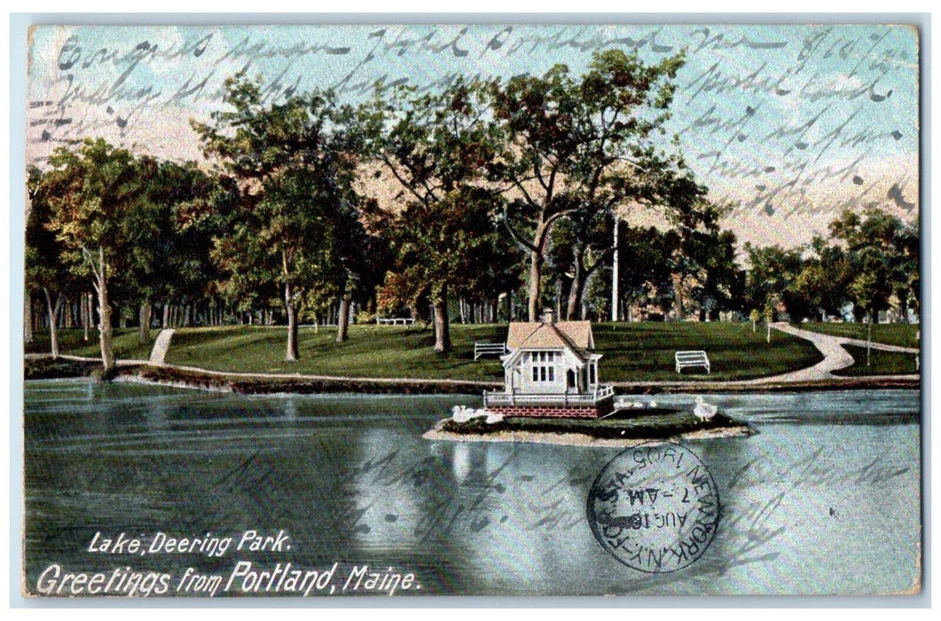 1905 Greetings From Portland Maine ME, Lake Deering Park Posted Antique Postcard