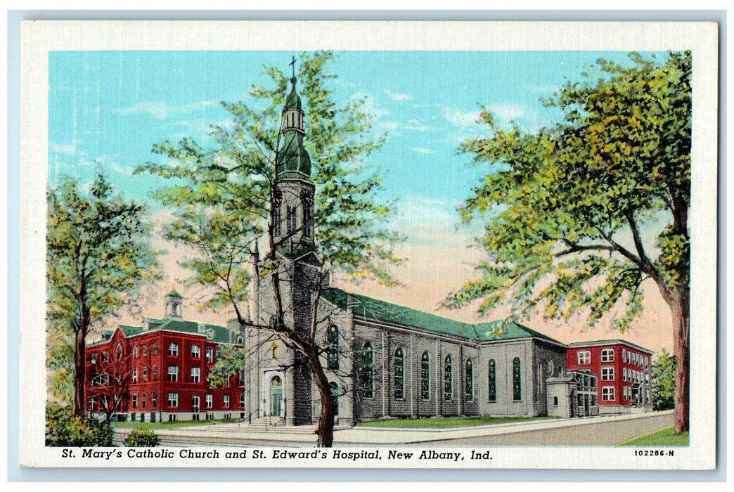 c1940's St. Mary's Catholic Church And St. Edward's Hospital Albany IN Postcard