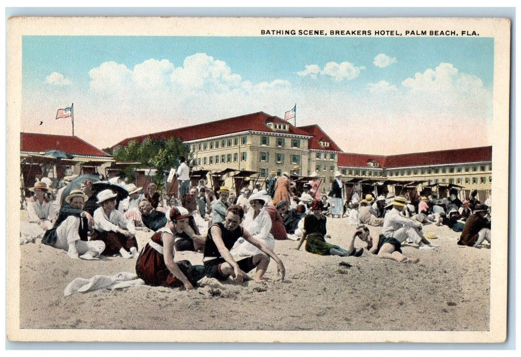 c1920 Bathing Scene Breakers Hotel Exterior Building Palm Beach Florida Postcard