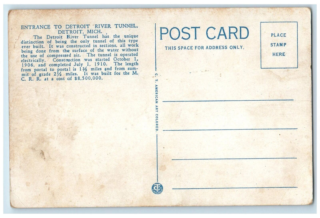 c1920's Entrance To Detroit River Tunnel Railroad Detroit Michigan MI Postcard
