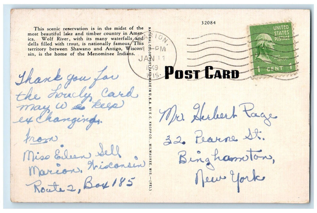 1949 At Big Eddy Falls Menominee Indian Reservation Marion Wisconsin WI Postcard