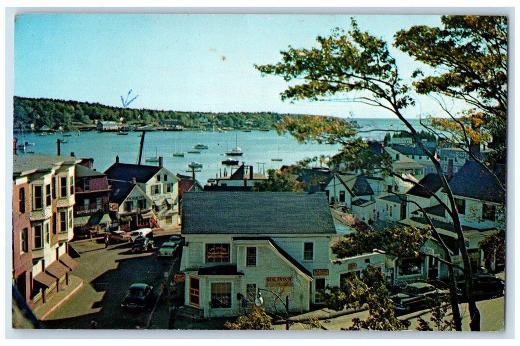 Looking Down Busy Commercial Street Across Harbor Boothbay Harbor ME Postcard