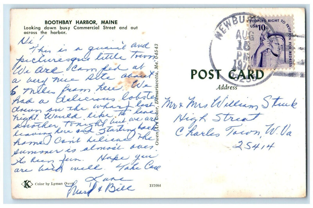 Looking Down Busy Commercial Street Across Harbor Boothbay Harbor ME Postcard