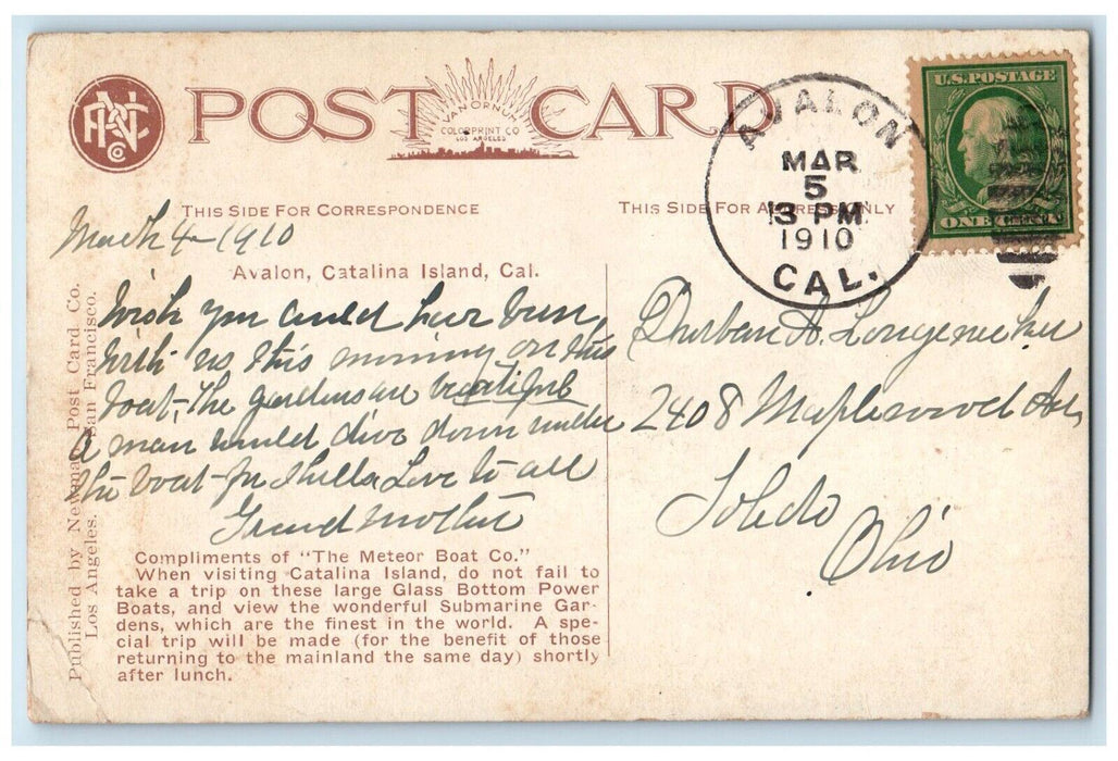 Catalina Island CA, Glass Bottom Power Boat Empress Landing On Beach Postcard