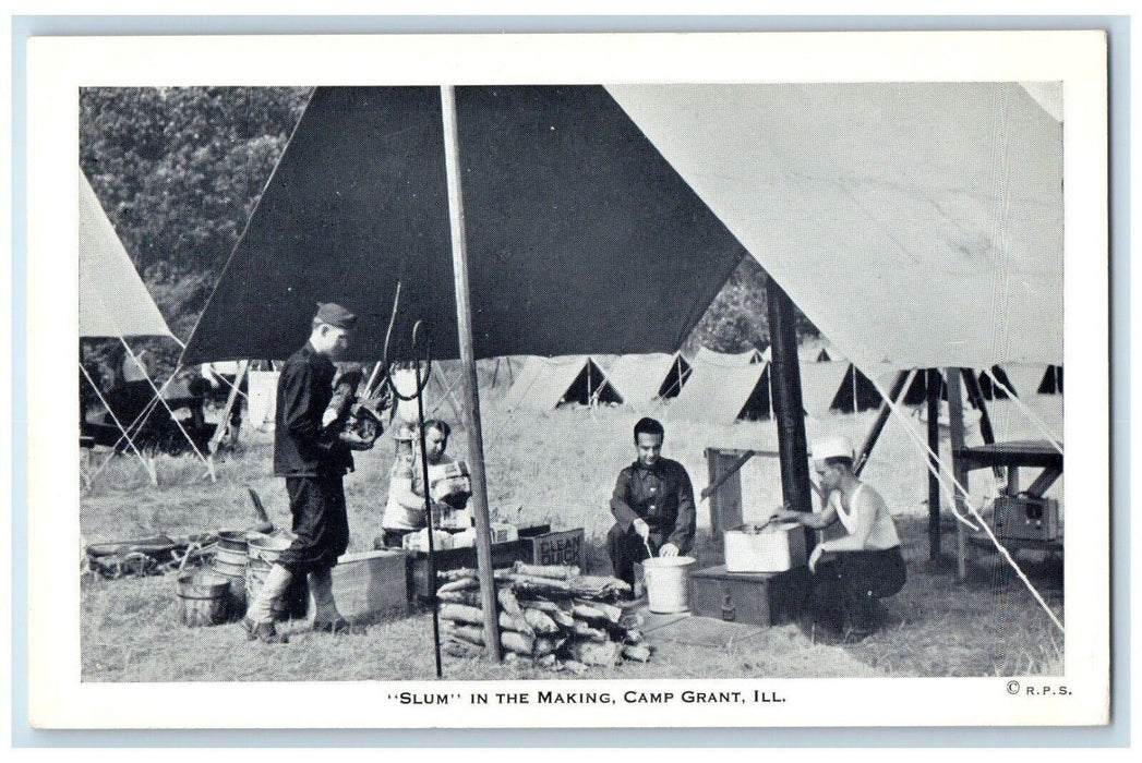 c1920 Slum Making Cooking Wood Tent Soldiers Bucket Camp Grant Illinois Postcard