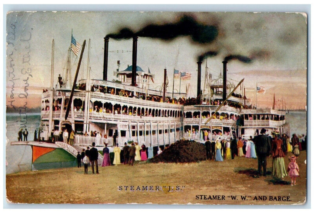 1908 Steamer J. S. Steamer W. W. And Barge Hampton Illinois IL Antique Postcard