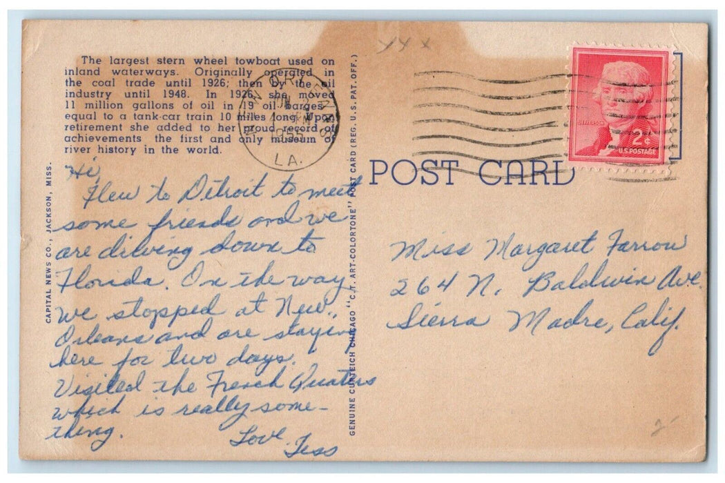 1955 Mississippi River Showboat Sprague Vicksburg Mississippi MS Posted Postcard