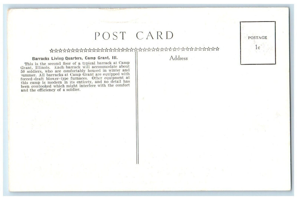 c1940 Barracks Living Quarters Soldiers Bed Furnace Camp Grant Illinois Postcard