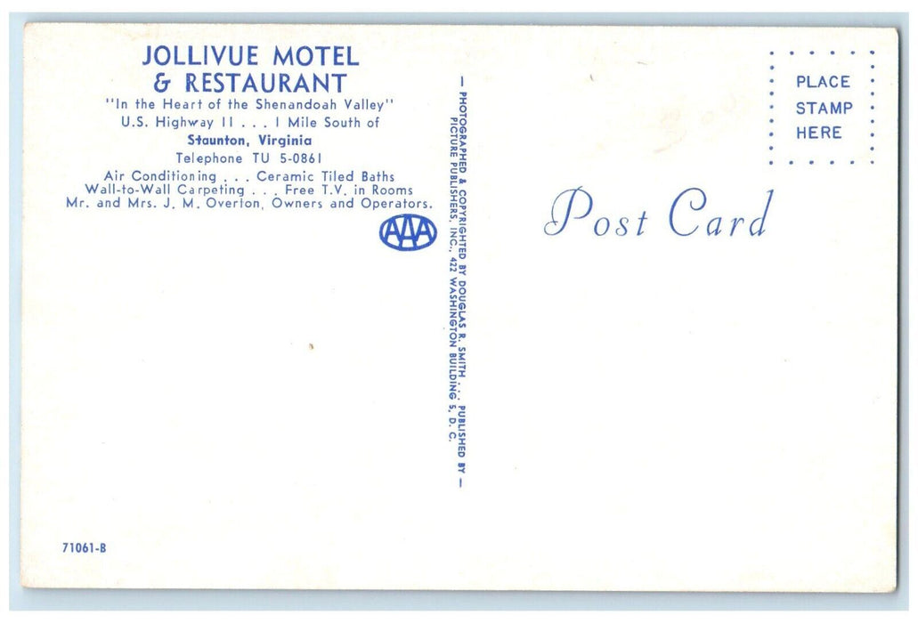 c1960's Jollivue Motel & Restaurant Staunton Virginia VA Vintage Postcard