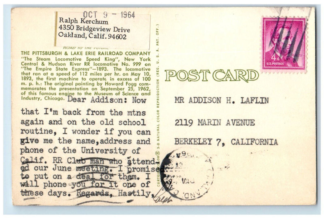 1964 The Steam Locomotive Speed King Pittsburgh & Lake Erie Railroad Postcard