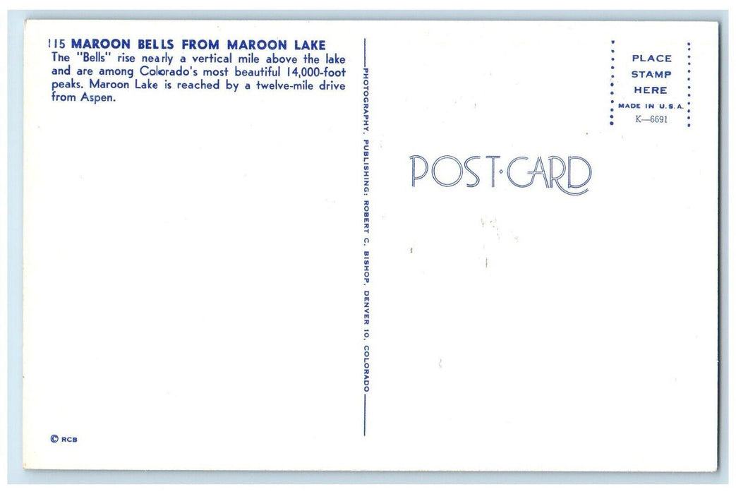 c1960 Maroon Bells from Maroon Lake Trees Colorado CO Antique Unposted  Postcard