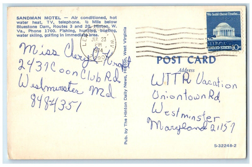 1974 Sandman Motel Lewisburg West Virginia WV Posted Vintage Postcard