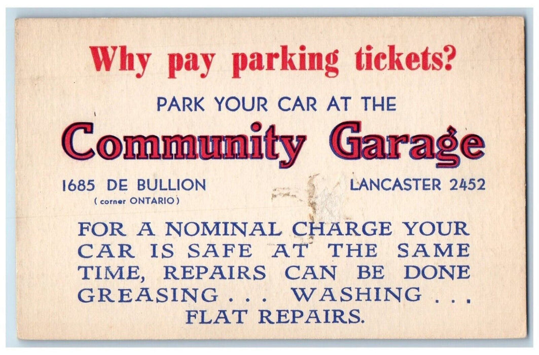 Community Garage Car Flat Repairs De Bullion Ontario Canada Vintage Postcard