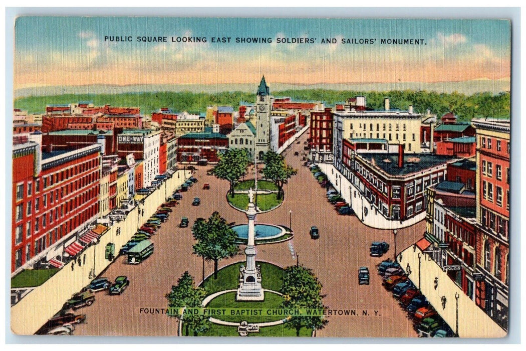 Public Square Soldiers Sailors Monument Fountain Baptist Watertown NY Postcard