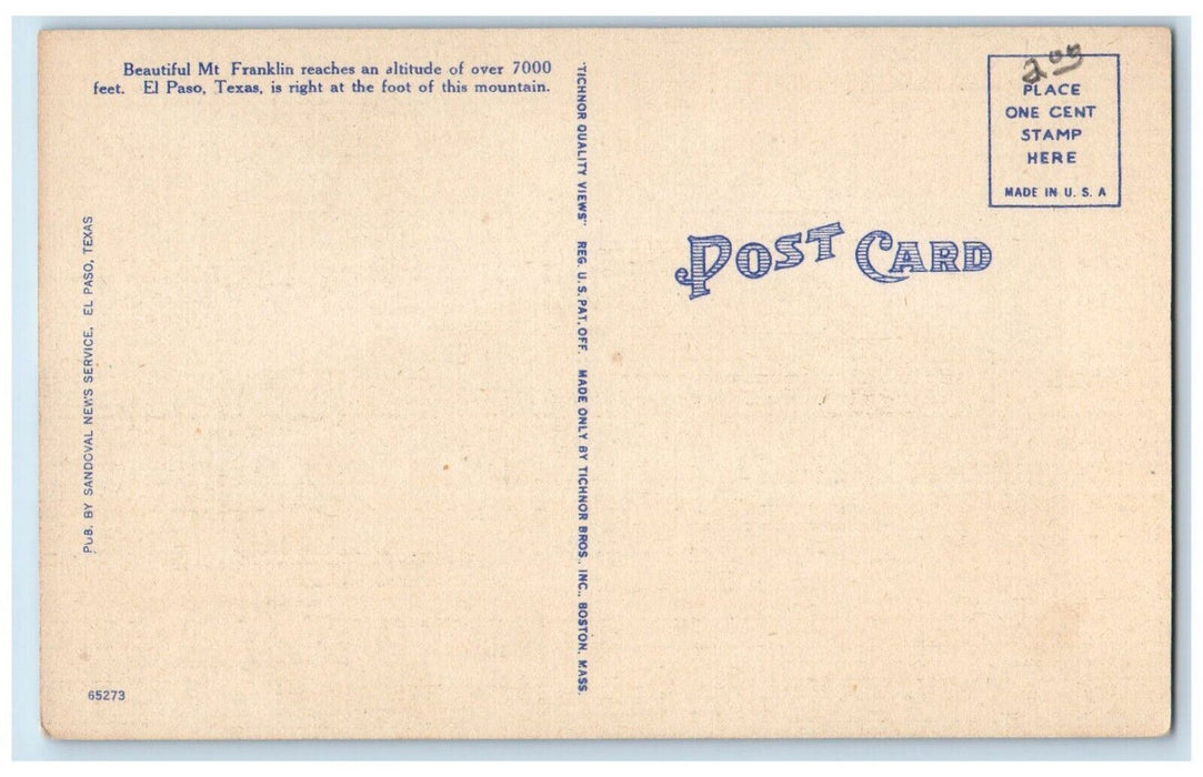 c1940's View Of Mountain Franklin El Paso Texas TX Unposted Vintage Postcard