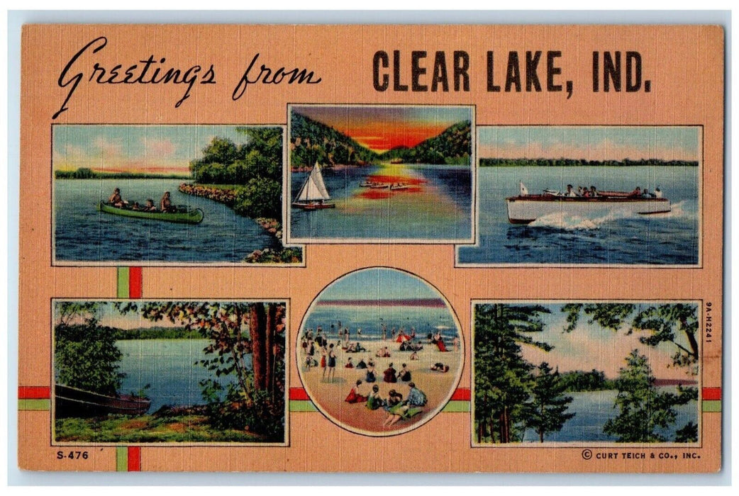 c1930's Greetings From Clear Lake Indiana IN, Multiview Vintage Postcard