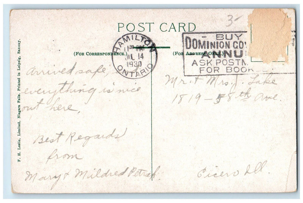 1930 Hamilton and Baron Incline Railway Hamilton Ontario Canada Postcard