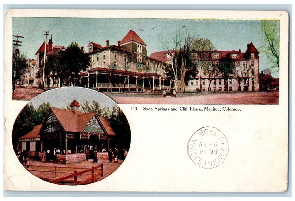1909 Soda Springs Cliff House Manitou Colorado CO Des Moines Iowa Postcard