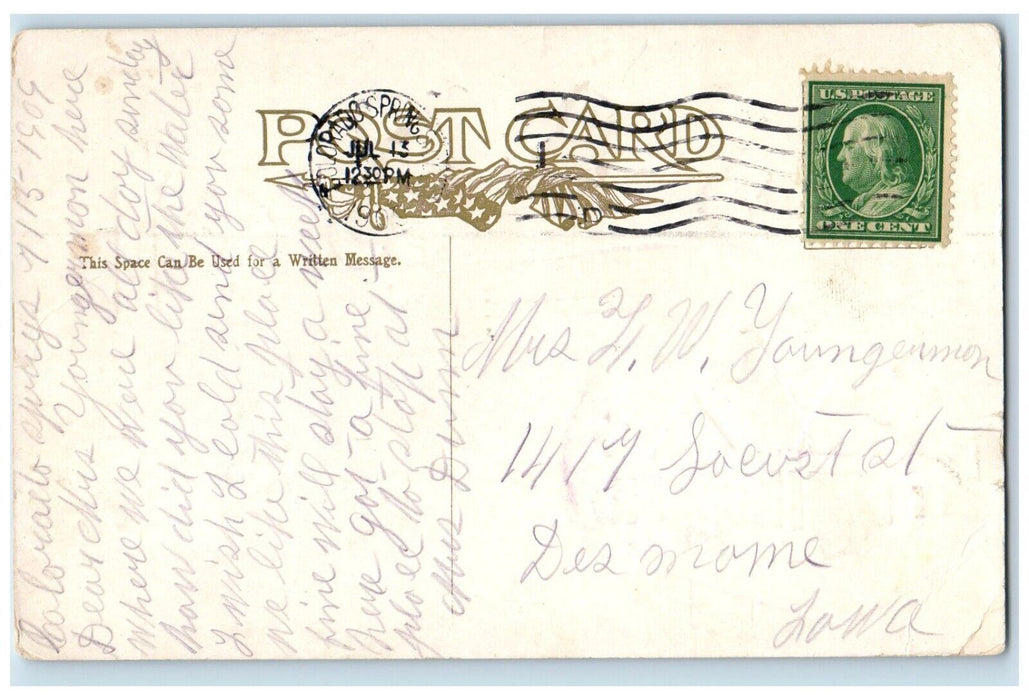 1909 Soda Springs Cliff House Manitou Colorado CO Des Moines Iowa Postcard