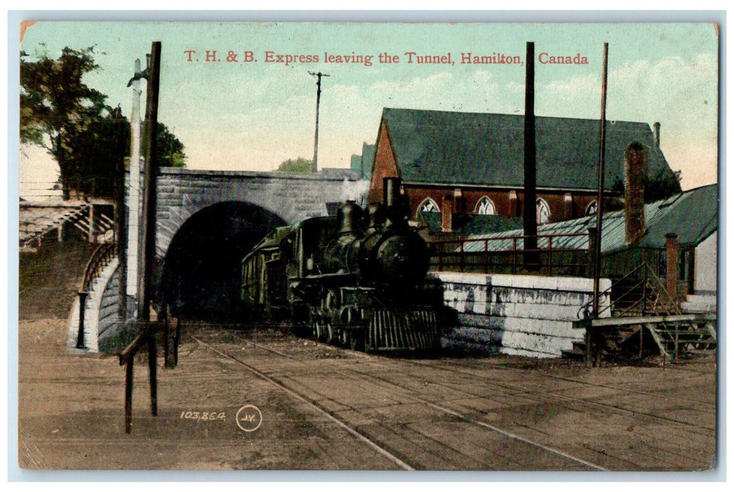 1911 TH & B Express Leaving The Tunnel Hamilton Ontario Canada Postcard