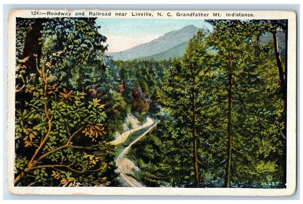 c1930's Roadway And Railroad Linville NC, Grandfather Mt. In Distance Postcard
