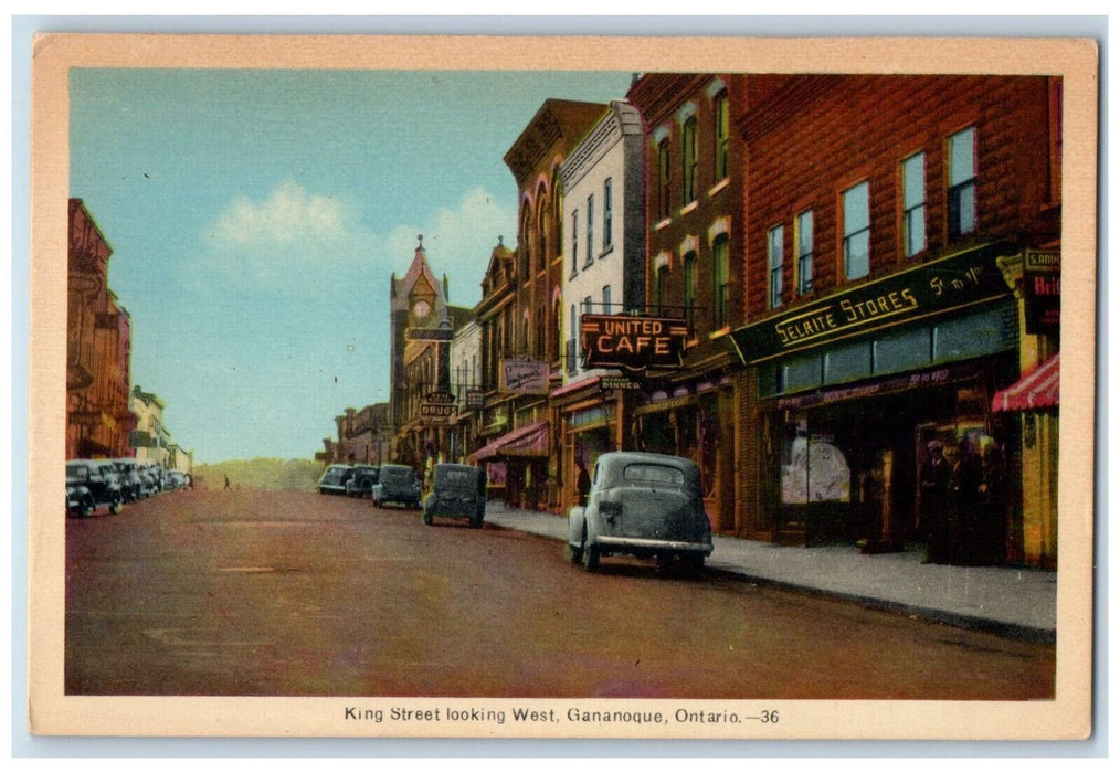 c1950's United Cafe Selrite Stores King St. Gananoque Ontario Canada Postcard