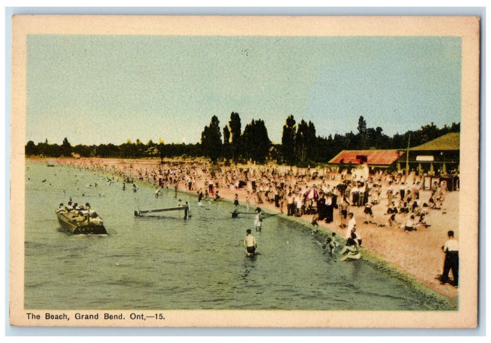 c1950's Crowd Scene, Motorboat, The Beach Grand Bend Ontario Canada Postcard