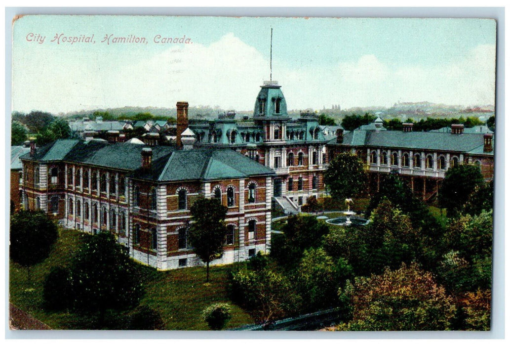 1909 City Hospital, Fountain and Entrance View, Hamilton Canada Postcard