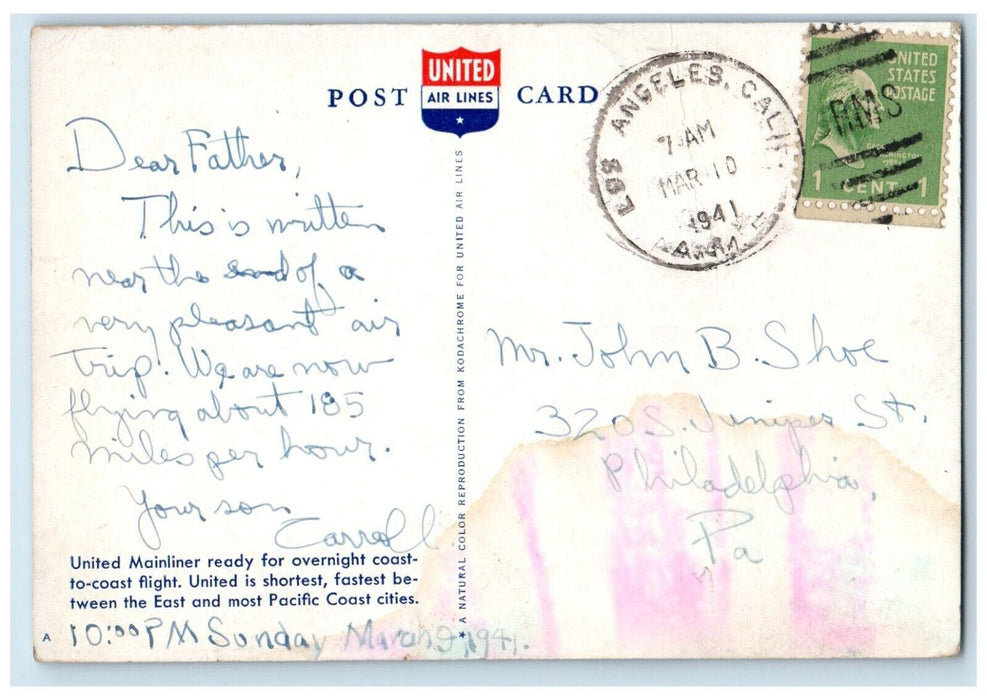 1941 United Mainliner Coast To Coast Flight Airplane Los Angeles CA Postcard