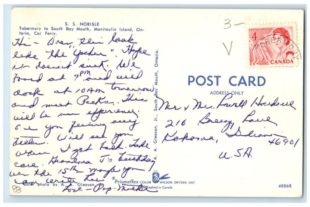 c1950's S.S. Norisle Tobermory to South Bay Mouth Ontario Canada Postcard