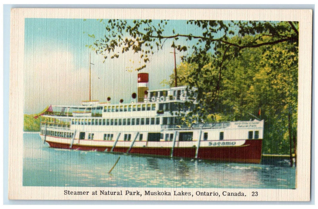 c1940's Steamer Sagamo at Natural Park Muskoka Lakes Ontario Canada Postcard