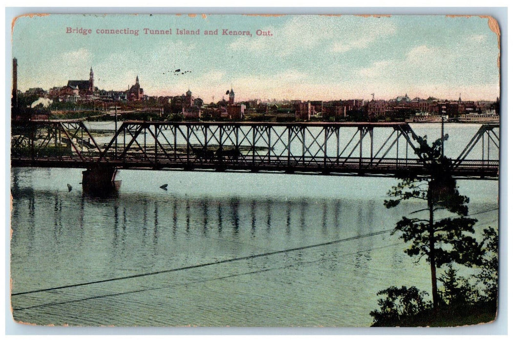 1913 Bridge Connecting Tunnel Island and Kenora Ontario Canada Postcard