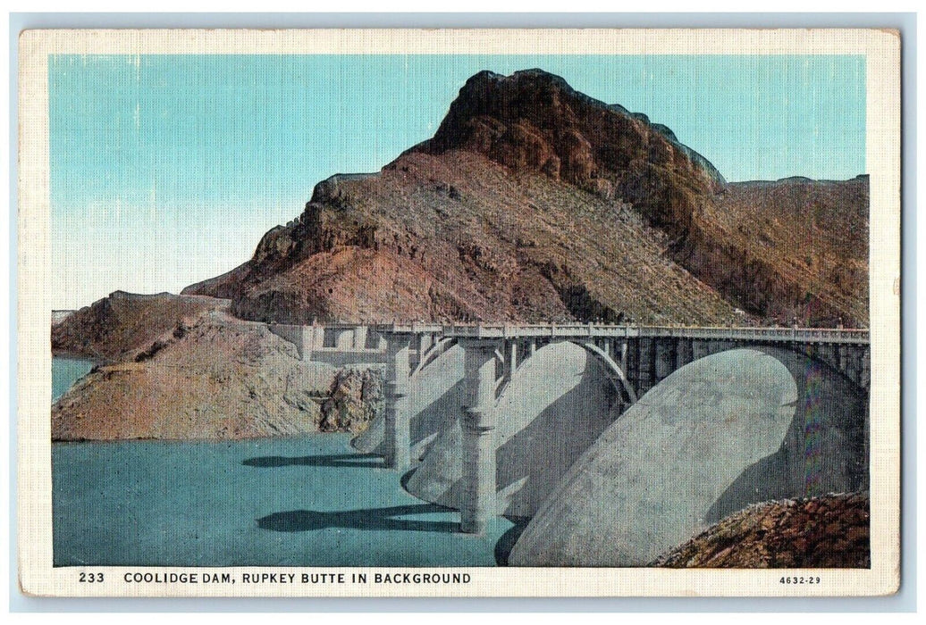 c1930's Coolidge Dam Rupkey Butte In Background Arizona AZ Vintage Postcard