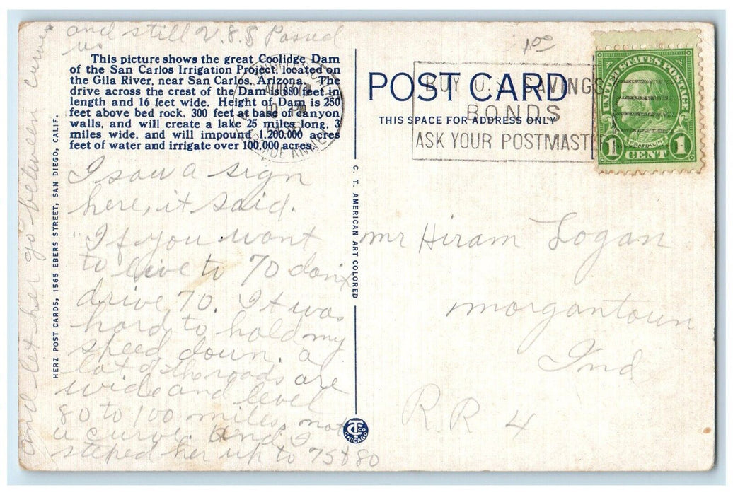 c1930's Coolidge Dam Rupkey Butte In Background Arizona AZ Vintage Postcard
