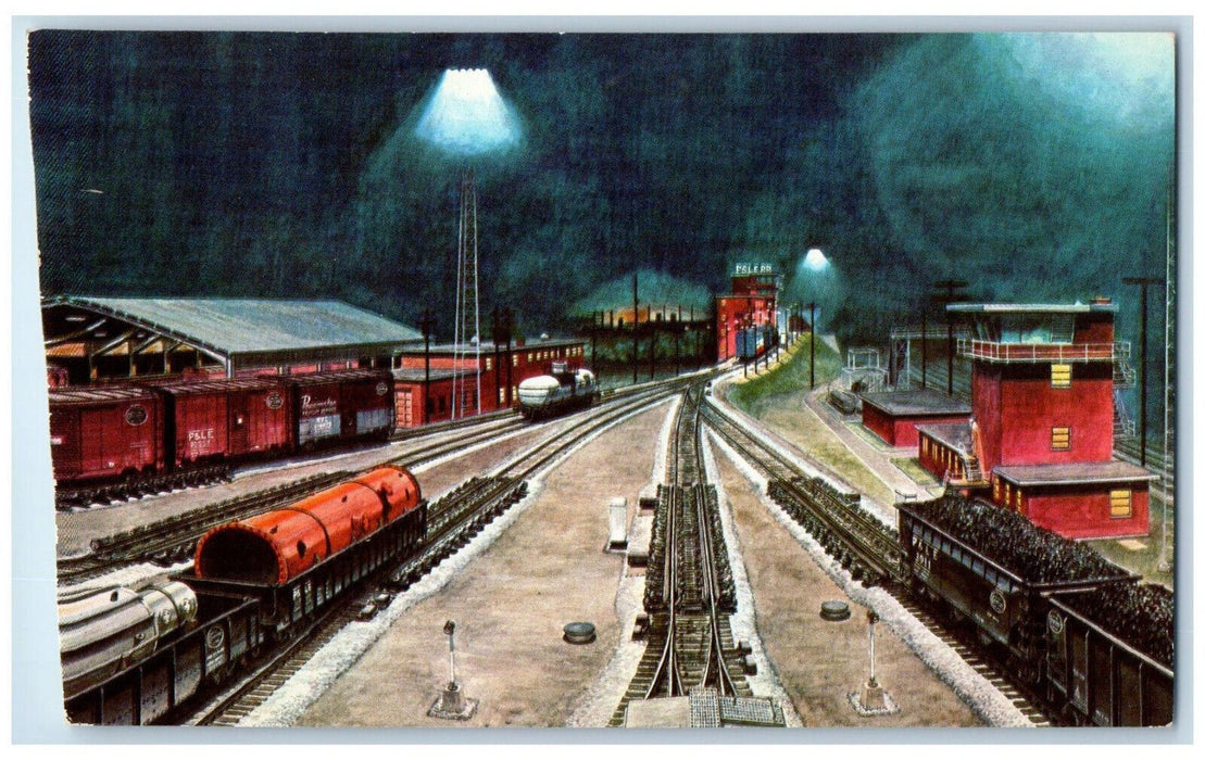 Night Scene At Throat Of Gateway Yard Train Near Youngstown Ohio OH Postcard