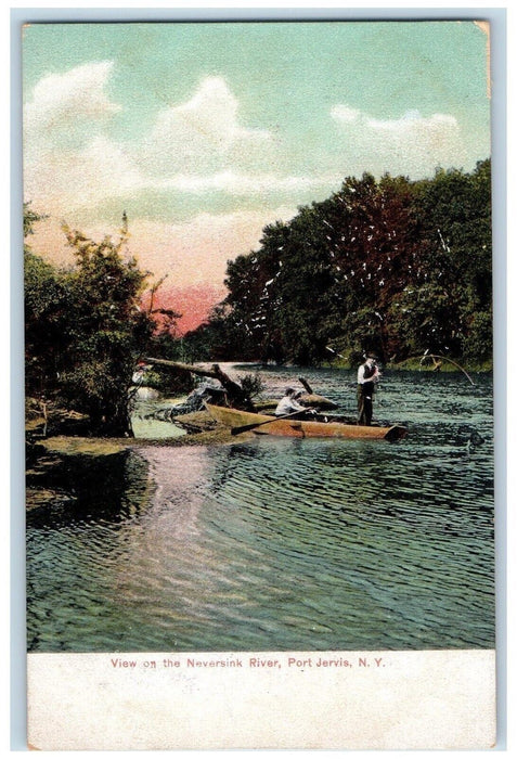 c1905 View On The Neversink River Boat Port Jervis New York NY Antique Postcard